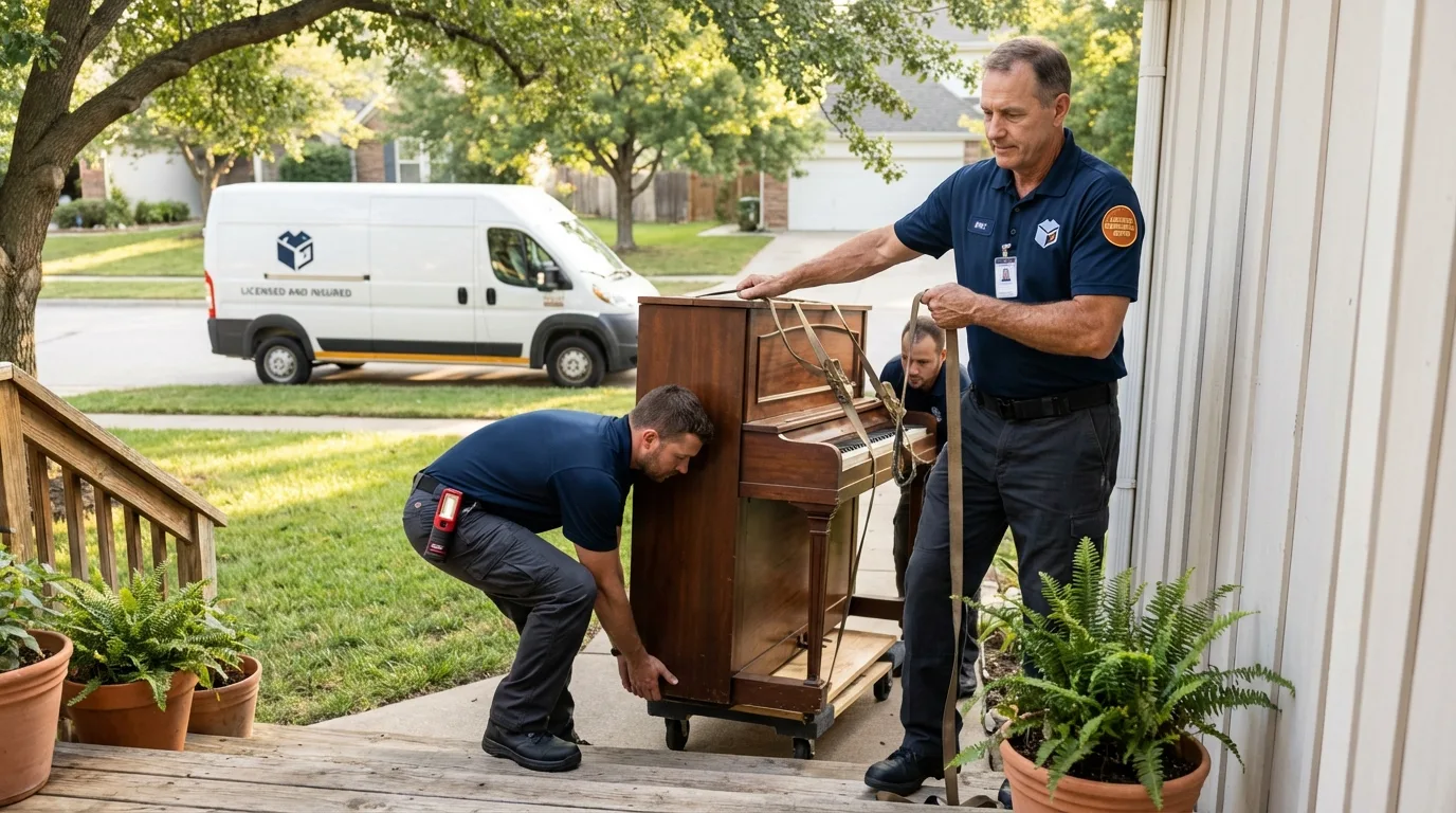 Licensed piano movers securing grand piano in Fyffe, AL