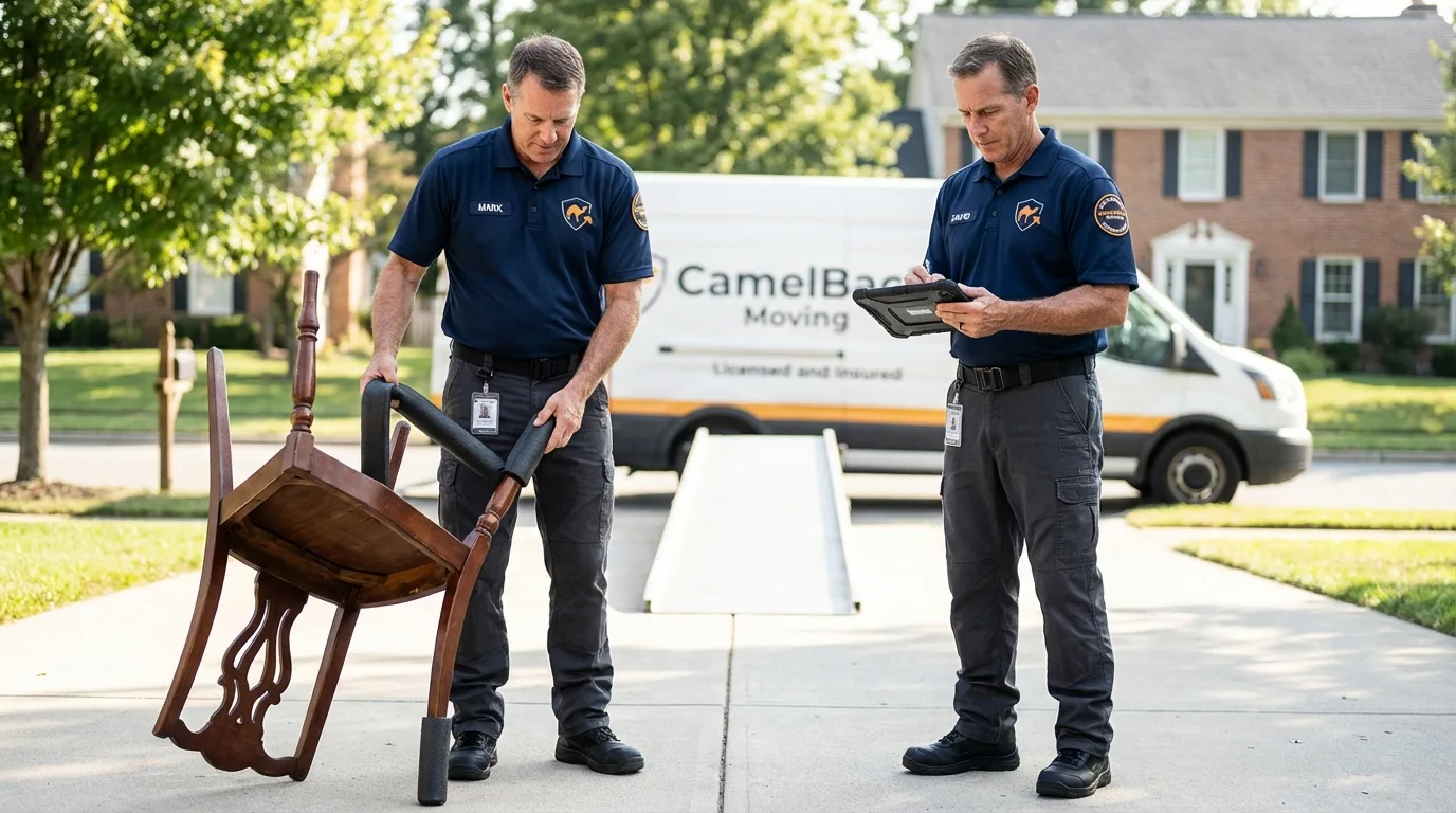 Movers inspecting furniture for damage prevention before loading in Fyffe, AL