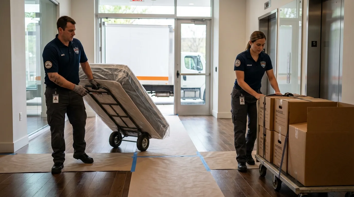 Professional apartment movers loading elevator in Fyffe, AL