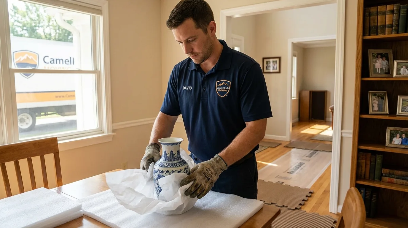 Professional crew carefully wrapping antique vase for senior downsizing move in Fyffe, AL